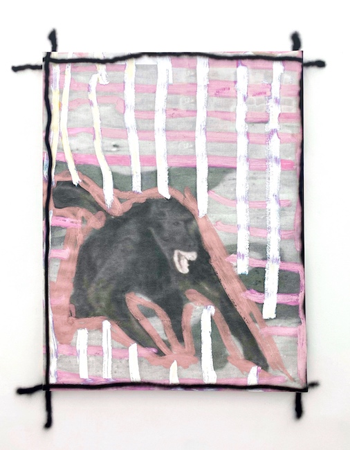 Mateusz von Motz: Baboo, 2018/21, screen printing, spray paint, oil on canvas, 164 x 126 cm

